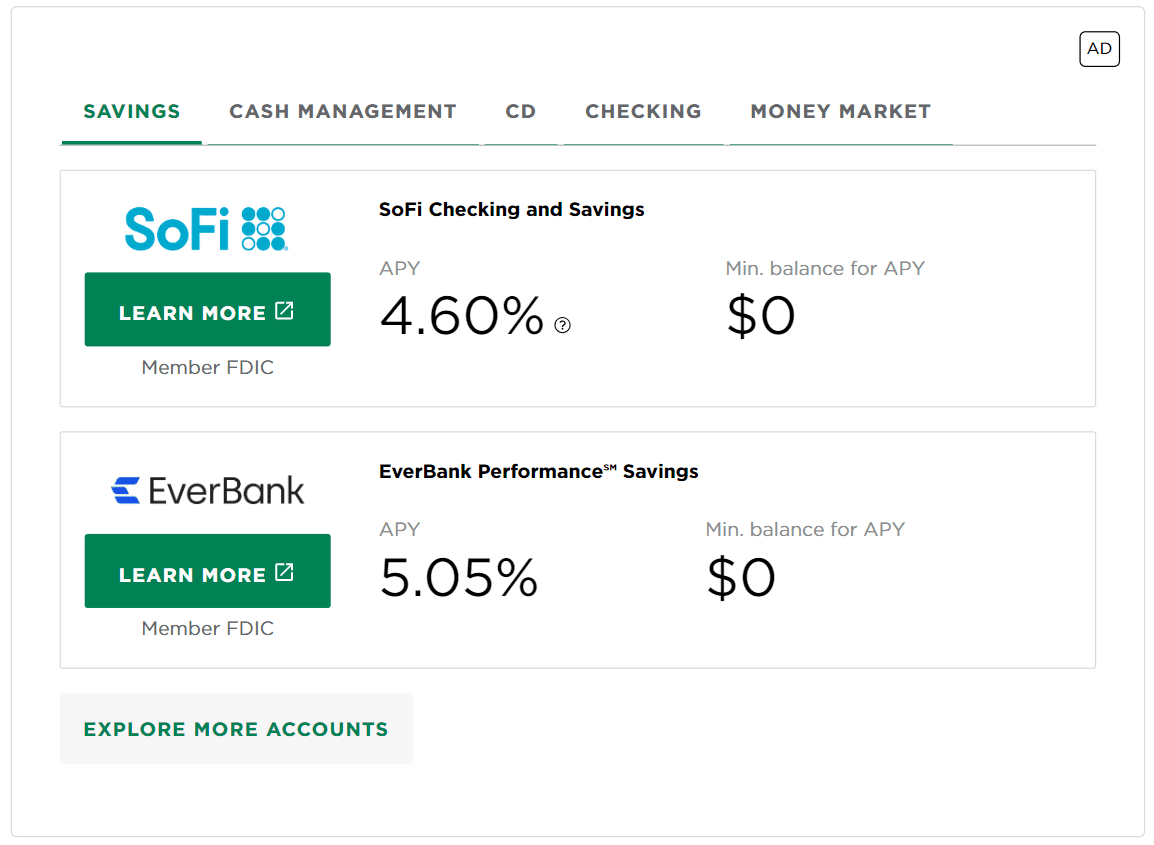 An example of a side-by-side comparison of banking offers