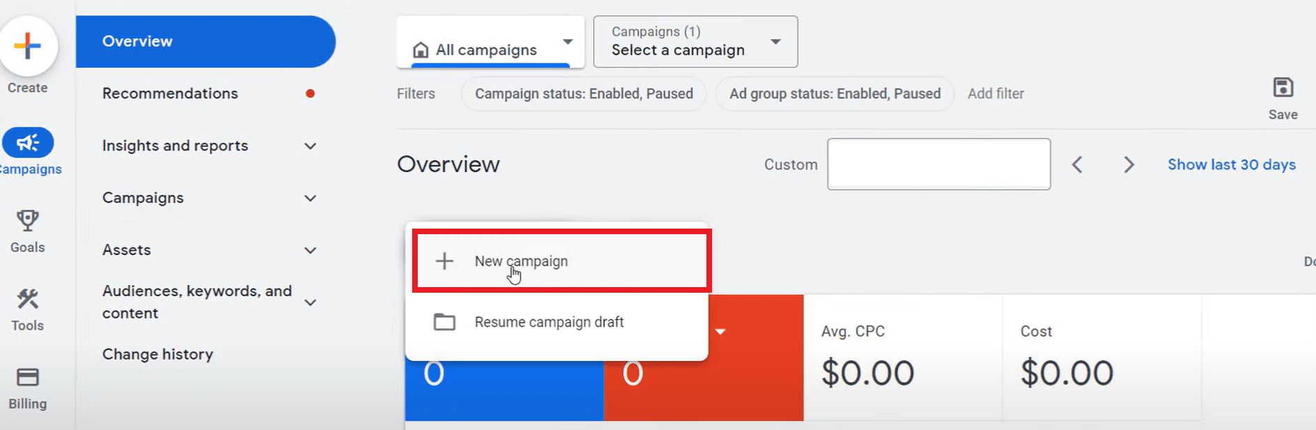 Creating a new ad campaign for Call-Only ads in Google Ads