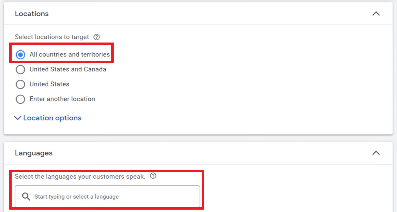 Selecting the target locations and languages for the Call-Only ads campaign in Google Ads