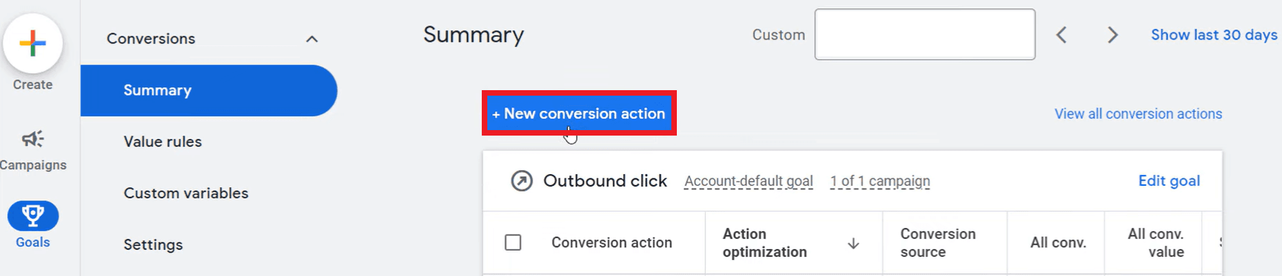 Creating a new conversion action for Call-Only ads campaign in Google Ads