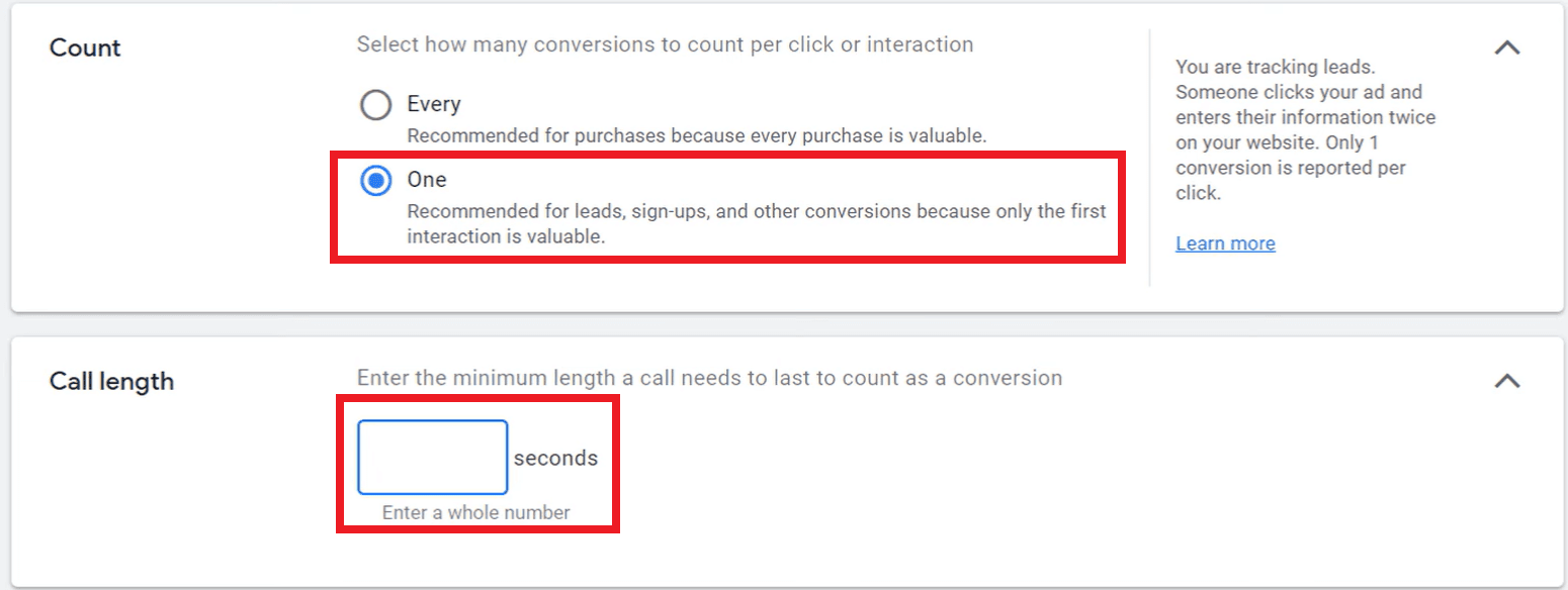 Choosing how you Call-Only ads count in Google Ads, including their length