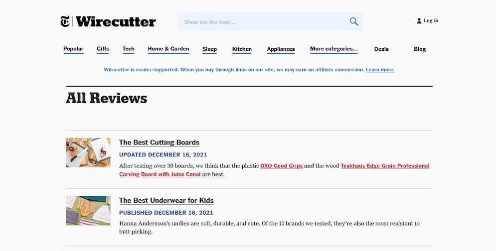 Screenshot of Wirecutter's homepage displaying product reviews.