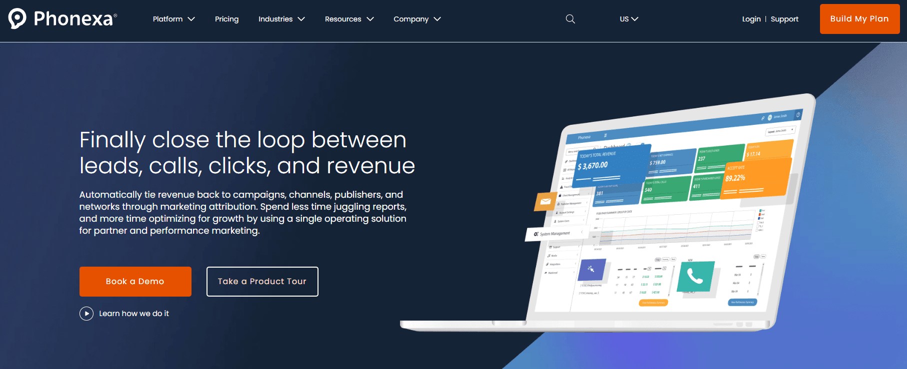 Phonexa's landing page where affiliates or publishers can book a demo or take a product tour